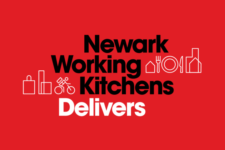 Set against a red background, "Newark Working Kitchens" is staggered in black text and "Delivers" is below in white. Other illustrations of bags, biker, plates, utensils and buildings are surrounding it.