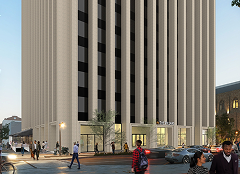 A rendering of The Pillars building, an innovative new retail hub in downtown Newark, with people walking on the street outside of it.