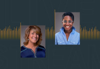 Set against a dark blue background with soundwaves in Audible's signature orange are headshots of the two speakers of the LinkedIn Live, Anne Erni, Chief People Officer, and Ara Tucker, Head of Talent and Culture.