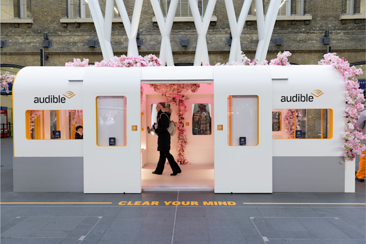 A photo of the outside of Audible's wellness-themed "Zen" carriage at King's Cross station.