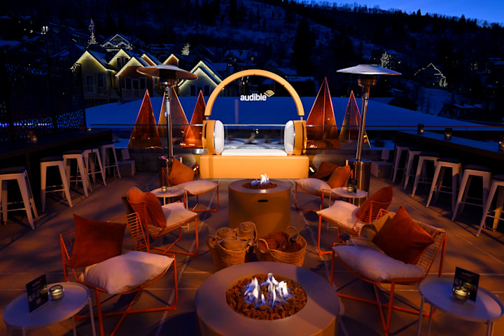 The Audible Listening Lounge’s cozy terrace overlooking downtown Park City.