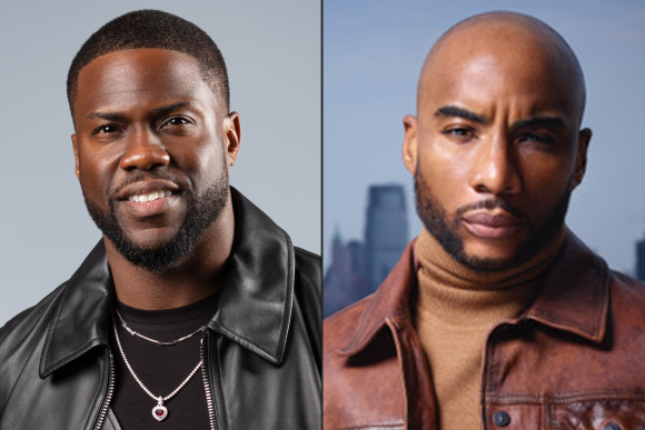 Kevin Hart is wearing a black leather jacket and black shirt. Charlamagne tha God is wearing a brown leather jacket and light brown turtle neck. 