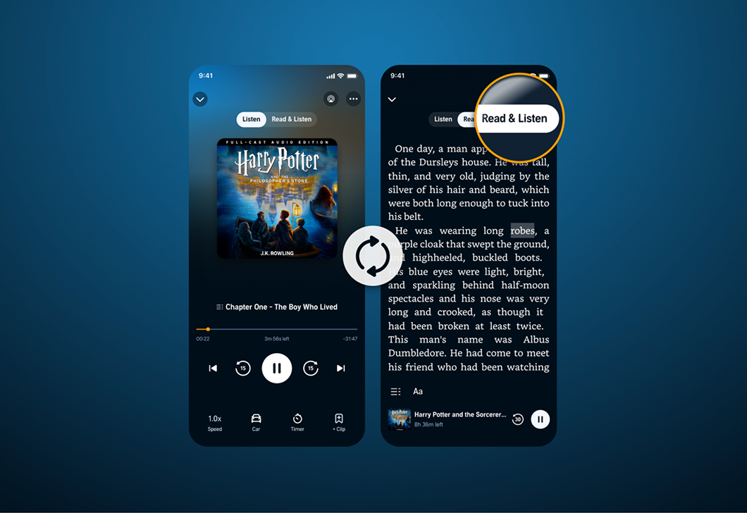 A demo image showing immersion reading in the Audible app.