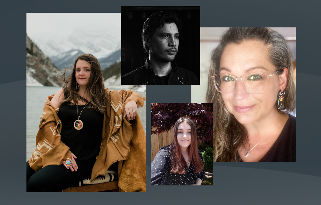 Four of the emerging writers in the Audible Indigenous Writers' Circle in Canada are shown against a slate gray background. It is a collage of four of their headshot images overlapping. 