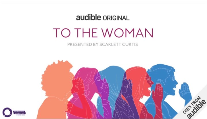Cover art of "To the Woman" with outlines of women in varying colors with their hands to their mouths as if whispering or shouting a story to another woman.