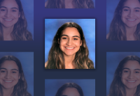 Smiling straight at the camera with a blue background, Sheirleyn Maneiro's High School graduation photo appears stacked seven times, with the image in the middle in focus. 