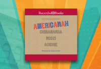 The cover art for Americanah that features the word Americanah in blue and red lettering on what appears to be a cardboard background. Chimamanda Ngozi Adichie's name is placed right underneath the title in light grey lettering.