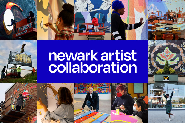 A collage of artists and artists at work surround a blue rectangle with the words Newark Artist Collaboration.