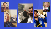 Several photos appear in a collage against a blue background. The photos are of several of the comedians featured in the Audible Original show "Locked Together". They appear with headphones on or in front of a laptop or with a phone or microphone. In three of the photos they're seen talking with their comedy partner via a video call. In the other two photos they're looking straight to camera. 