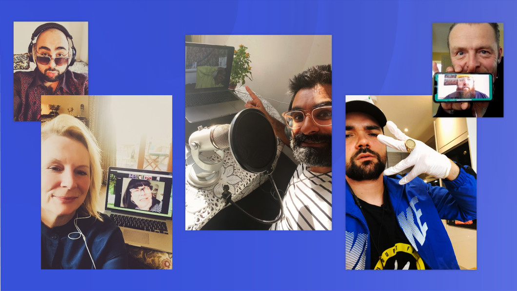 Several photos appear in a collage against a blue background. The photos are of several of the comedians featured in the Audible Original show "Locked Together". They appear with headphones on or in front of a laptop or with a phone or microphone. In three of the photos they're seen talking with their comedy partner via a video call. In the other two photos they're looking straight to camera. 