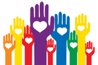Against a white background, several illustrated hands are raised in the air. They are each different colors--purple, blue, yellow, etc--with a heart in the middle of the palm. 