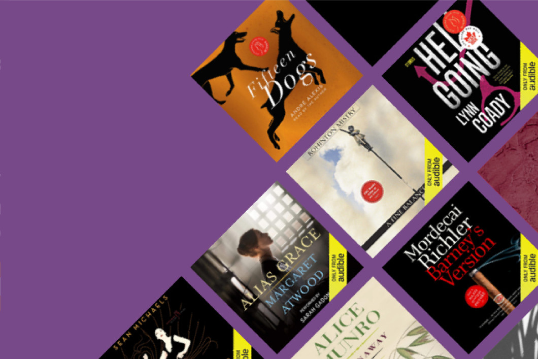 Several audiobook covers appear at an angle against a deep purple background. This includes "Fifteen Dogs," "Alias Grace," "A Fine Balance," "Hell Going," and others.