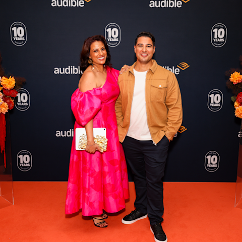 A photo of Karen Appathurai-Wiggins, Head of Regional Content for Audible, APAC, and Marc Fennel, award-winning creator, at the anniversary celebration. 