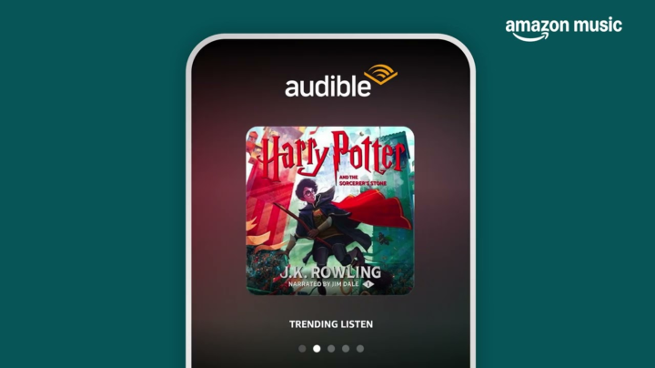 A rendering of a phone using the Amazon Music app to listen to "Harry Potter and the Sorcerer's Stone."