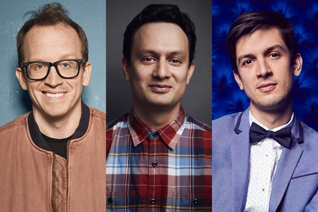 Headshots of Chris Gethard, Michael Cruz Kayne and Josh Sharp are side-by-side. Gethard is wearing a distressed orange jacket and black brimmed glasses. Cruz Kayne is wearing a red and blue plaid collared shirt. Sharp is wearing a blue suit with a black bow tie.