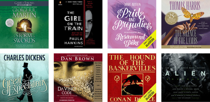 A collage of cover art from the eight audiobooks used in the UCL study.