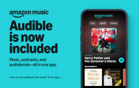 A graphic on a light blue background with text that says, "Audible is now included. Music, podcasts, and audiobooks–all in one app. Listen to one audiobook each month. Terms apply." To the right of this text is a phone that's open to the Amazon Music app, where an option to play "Harry Potter and the Sorcerer's Stone" and other Audible titles is visible. 