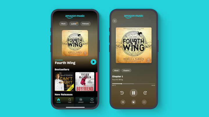 A graphic of two phones side-by-side demonstrating how to listen to Audible titles in the Amazon Music app. 