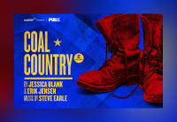 Set on a gradient red-to-blue background is the artwork for Coal Country with a pair of distressed work boots on the side.