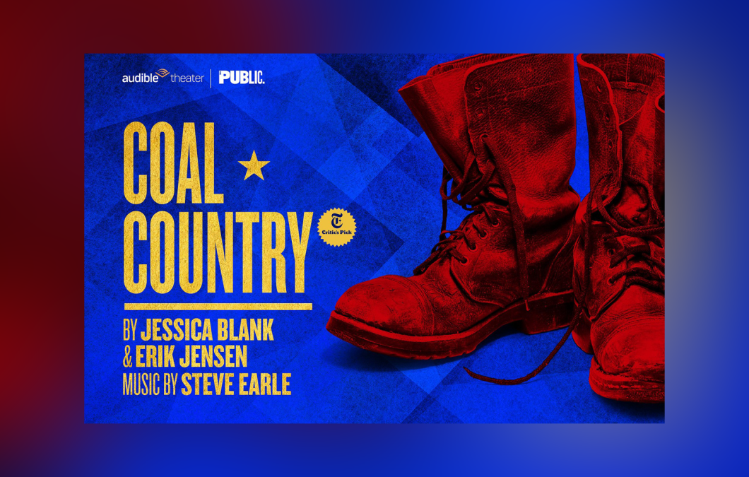 Set on a gradient red-to-blue background is the artwork for Coal Country with a pair of distressed work boots on the side.