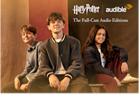 A photo of Frankie Treadaway, Max Lester, and Arabella Stanton, the voices of Harry Potter, Ron Weasley, and Hermione Granger in the first three audiobooks of ““Harry Potter: The Full-Cast Audio Editions.”