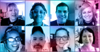 A video call grid shows the faces of eight Audible employees who attended the annual Pride happy hour.  They are smiling and happy. There is a blue and purple fade over the image.