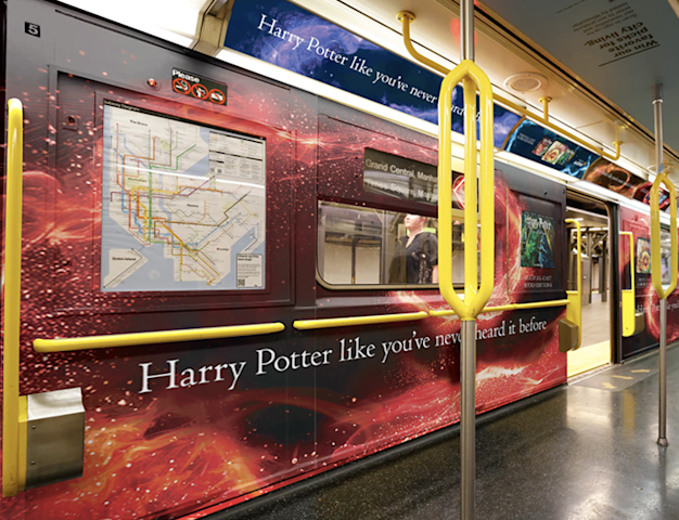 New York City subway cars wrapped with captivating creative for the new Harry Potter audio series.
