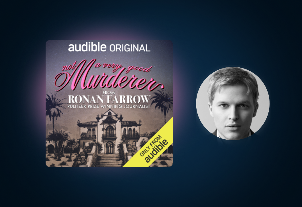 The cover art for “Not a Very Good Murderer” and a headshot of Ronan Farrow side-by-side on a dark background.