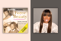 Two images side by side showcase the cover for "Force of Beauty" that features a vintage photo of young Mikki Taylor and her mother in formal dresses. Next to the cover art is a recent headshot of the author, Mikki Taylor, with long brown hair and short bangs.