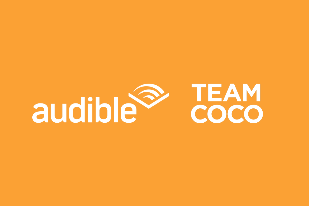 Set against a orange background, the Audible logo sits next to the Team Coco logo.
