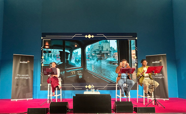 (L to R) Moderator and narrator Martina Levato joins Claudio Santamaria and Alberto Boubakar Malanchino as they reprise their performance from Agatha Christie’s "La serie infernale."