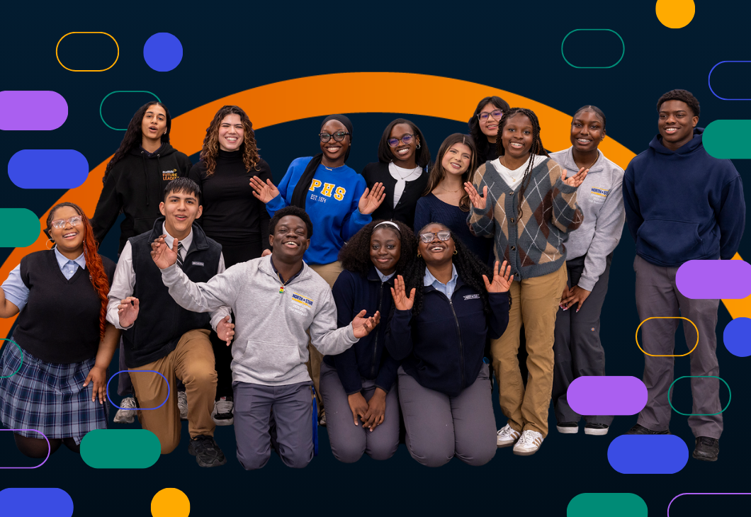 A group of high students in Audible's Future Leader program stand in a posed group, smiling and waving their hands.