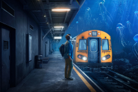 A person stands on a subway platform, facing a train partially submerged in an underwater scene with jellyfish swimming around, creating an Audible experience that leaves more to imagine.