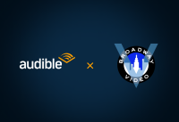 Audible and Broadway Video’s logos side-by-side on a blue background.