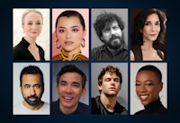 Headshots of Kathleen Chalfant, Midori Francis, John Gallagher Jr., Pooya Mohseni, Kal Penn, Conrad Ricamora, Brandon Flynn, and Samira Wiley on a dark background.