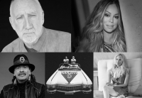 Black and white photos of Pete Towshend, Mariah Carey, Carlos Santana, Tenacious D, and Aimee Mann are tiled side by side. 
