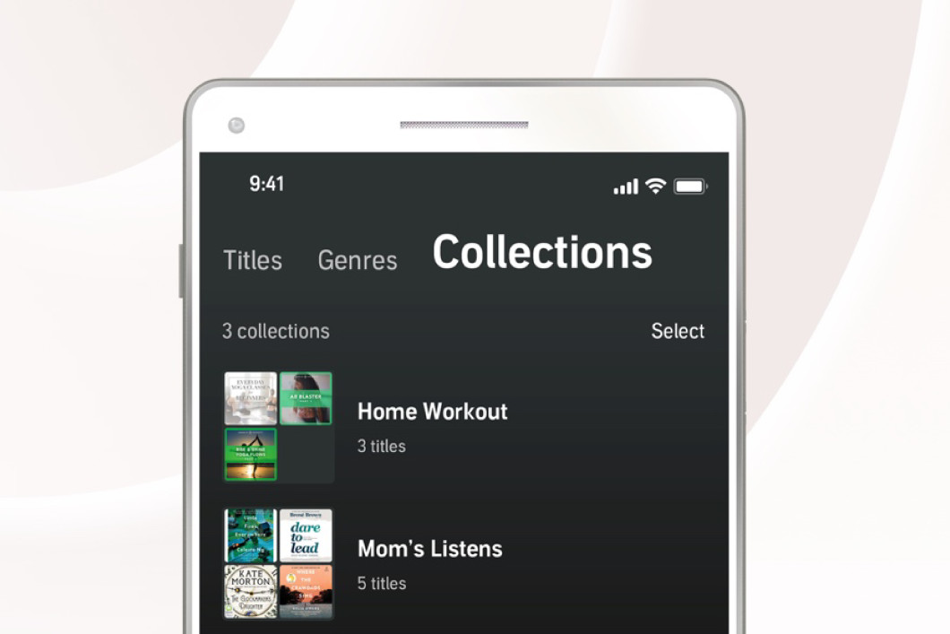 A close up view of the Audible app on a smart phone showing a user's audiobook titles filed into collections with the names "home workout" and "mom's listens." 