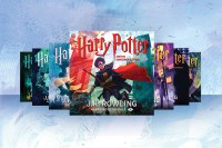 The covers for the seven Harry Potter titles are displayed in a array on a light blue background.  