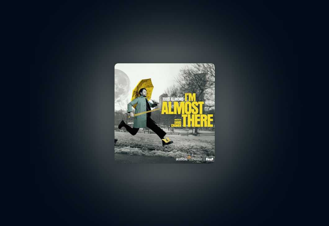 The artwork for Todd Almond’s "I’m Almost There" against a dark background. The art for "I’m Almost There" features Almond running through a city park in winter while holding an umbrella. A yellow outline of a sword is in his other hand. A similar outline of a small pair of wings is on his front foot. 