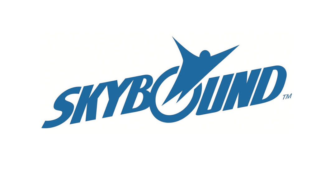 The word skybound is written in blue against a white background. A blue sky diving figure is launching out of the O.