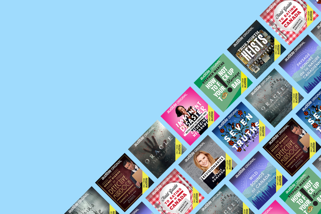 Set against a light blue background, the cover artwork of twelve Audible Original titles from Audible Canada are displayed in a diagonal position.