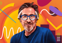 An illustration of Audible's Founder and Executive Chairman Don Katz by Scott Everett for NPR's "How I Built This" podcast. Don is wearing a blue shirt and blue framed glasses, looking directly forward. The background is orange with colorful shapes like yellow circles and swirls, blue lines, white swiggles, and purple and mauve ovals. 