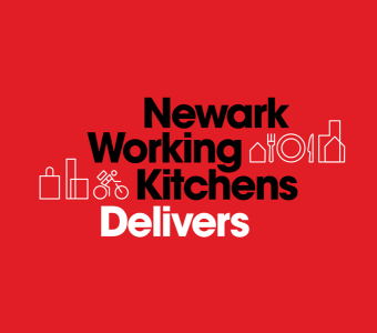 Red background with the words "Newark Working Kitchens" in black text and "Delivers" in white text. On either side are delicate icons in white showing a silhouettes of buildings, shopping bag, bicycler, plates and utensils.