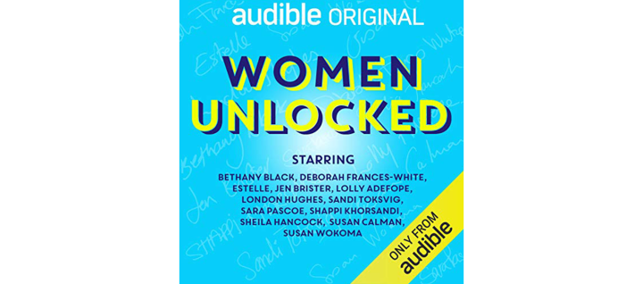 The cover art for the Audible Original "Women Unlocked" features the title name and the name of the comedians in it against a bright blue background. 
