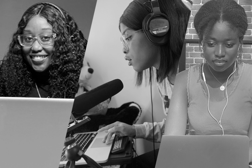 Three Audible high school interns are shown in a side-by-side montage, each working on creating and recording their podcasts. The intern on the left has her laptop open in front of her, and her headphones on while she smiles directly to camera. The middle intern is show from the side, at her desk, headphones on, leaning toward and speaking into a big microphone. The third intern is working intently, headphones in as she edits away on her laptop.