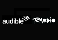 Audible and Raedio's logos are in white against a black background.