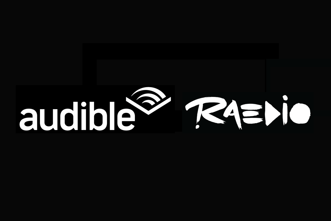 Audible and Raedio's logos are in white against a black background.