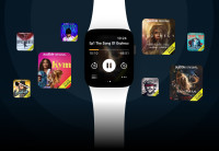 The interface of the Audible app on an Apple Watch is displayed on a blue background with covers of Audible Originals floating around it.