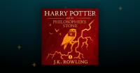The cover of the first Harry Potter audiobook, "Harry Potter and the Philosopher's Stone," sits on top of a black background littered with stars. The cover is crimson red and has owl clutching a letter in its mouth. The owl's talons are holding onto a branch that looks like a lightning bolt.