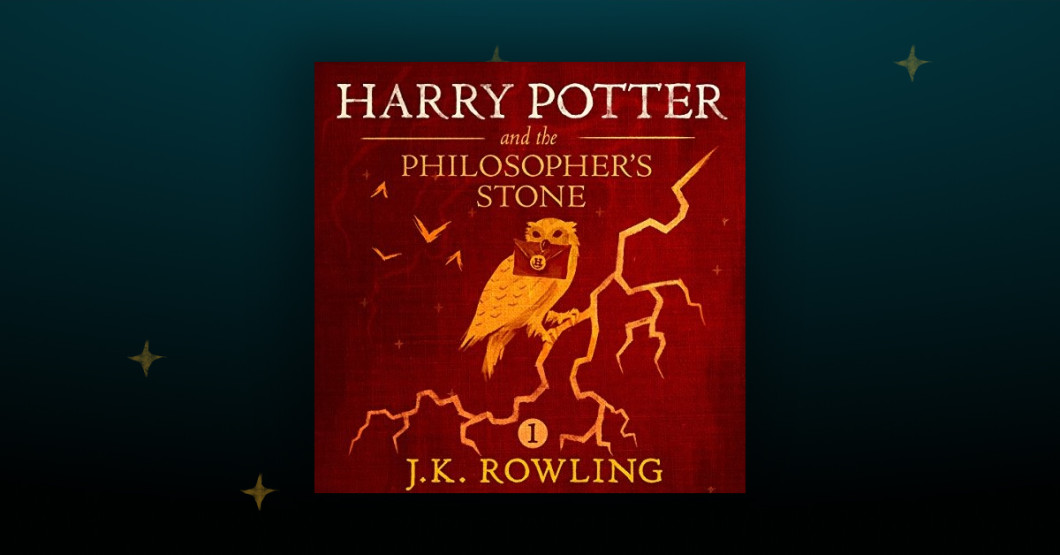 The cover of the first Harry Potter audiobook, "Harry Potter and the Philosopher's Stone," sits on top of a black background littered with stars. The cover is crimson red and has owl clutching a letter in its mouth. The owl's talons are holding onto a branch that looks like a lightning bolt.